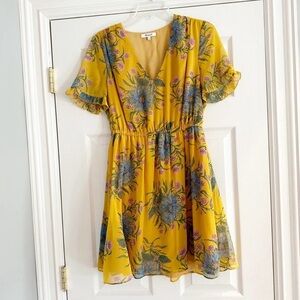 Madewell Sweetgrass Dress Golden Floral V neck Ruffle Size 6 Yellow Blue